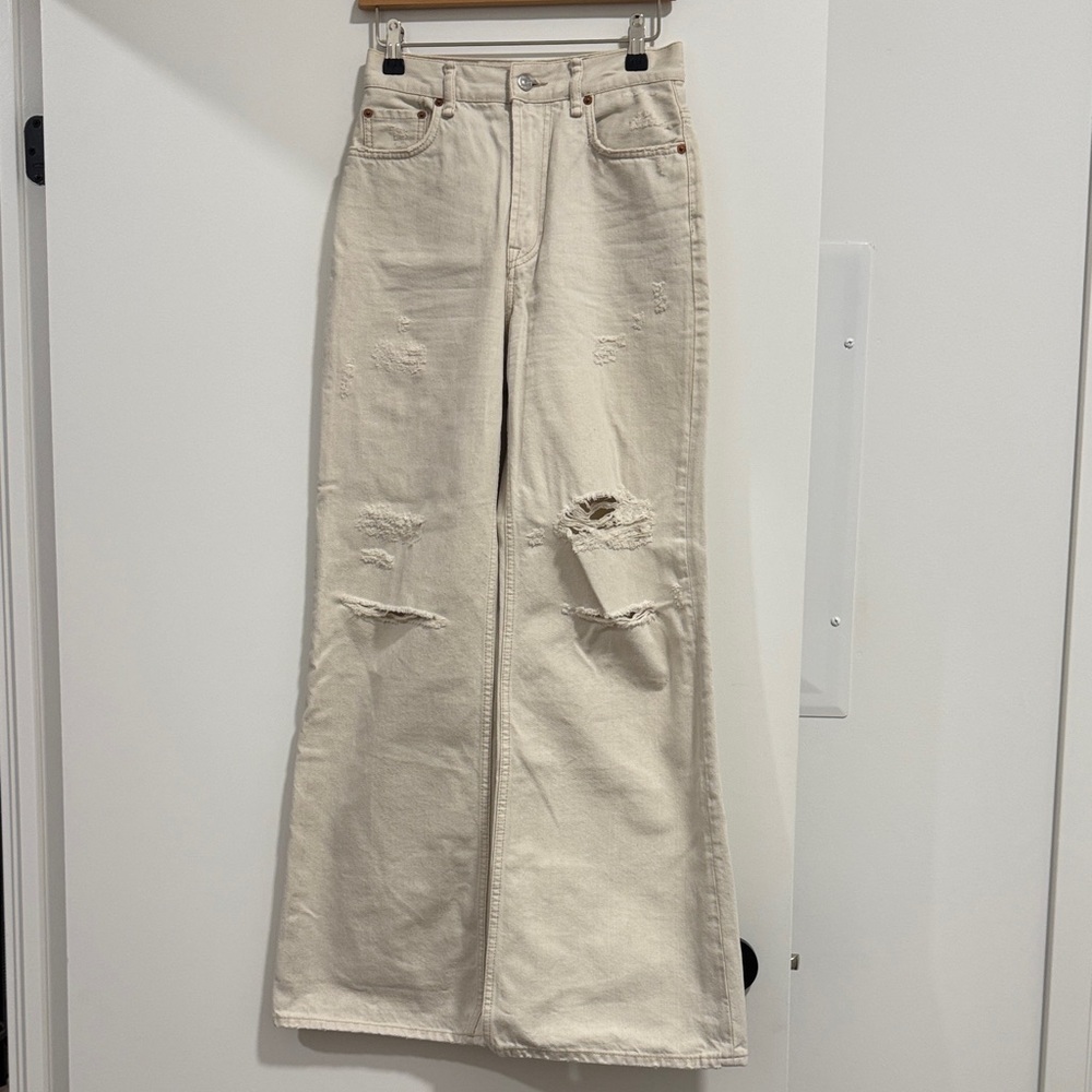 Acne High Rise Cream Distressed Jeans